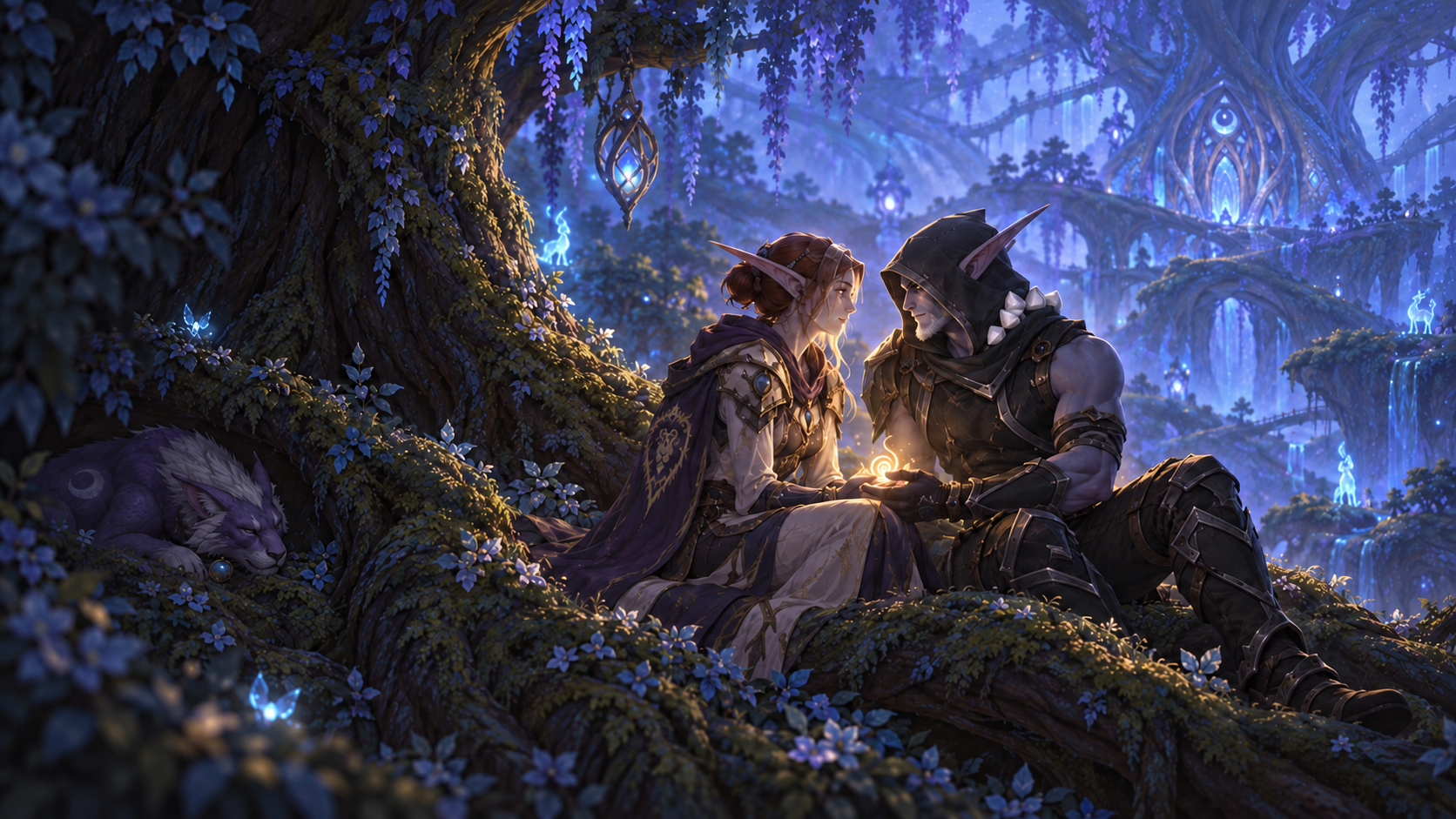 Ducivo and Lithiüm sit together beneath luminous forest trees, sharing a little priest light. A purple cat rests nearby.