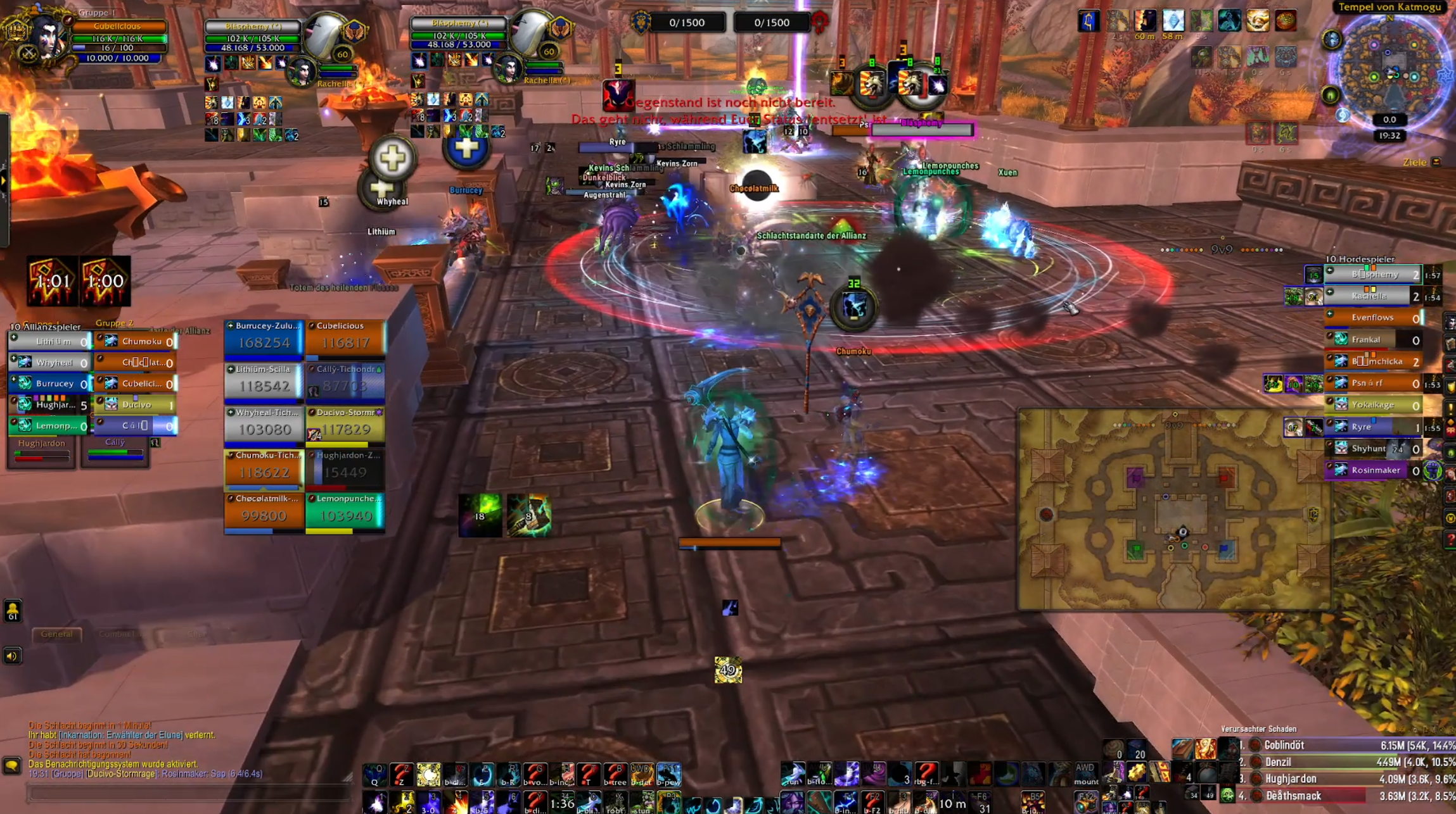 The team fights amid spell effects in the center of Temple of Kotmogu.